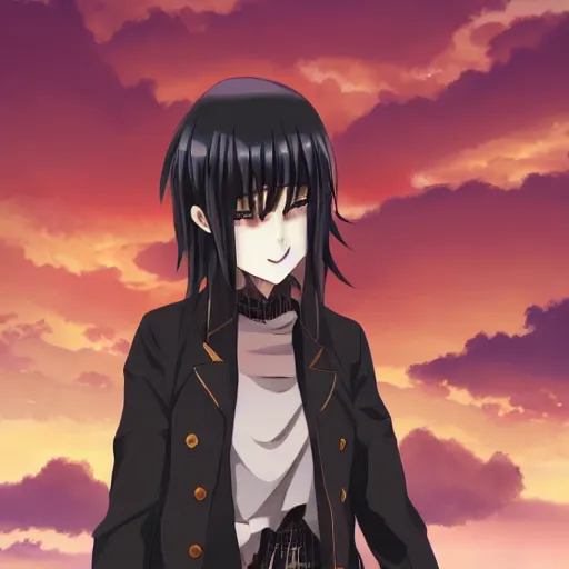 Image similar to 1 7 - year - old anime goth girl, black hair, long bob cut, long bangs, gothic coat, golden hour, partly cloudy sky, red clouds, orange sky, old town, strong lighting, strong shadows, vivid hues, ultra - realistic, sharp details, subsurface scattering, intricate details, hd anime, 2 0 1 9 anime