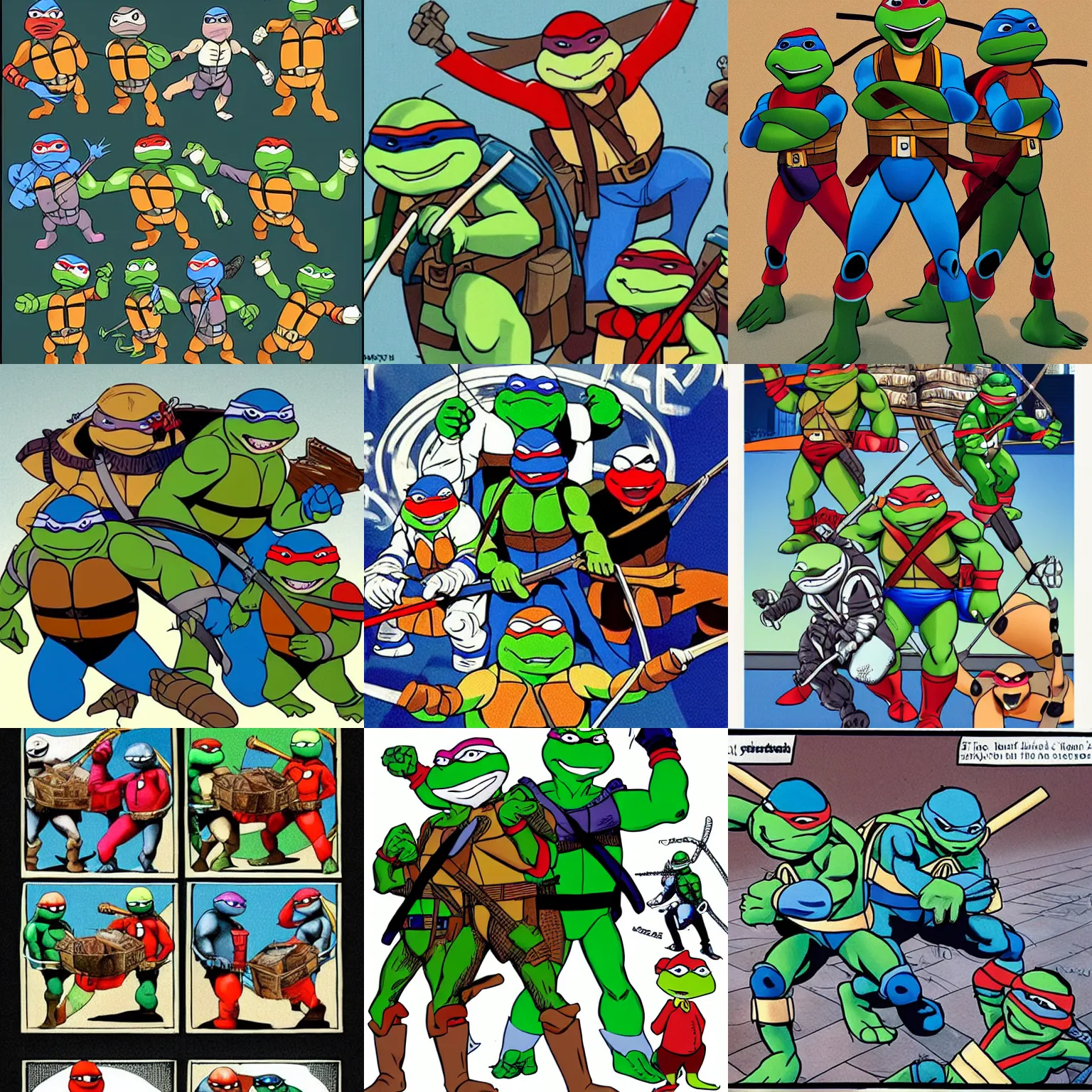 Prompt: teenage mutant ninja turtles in the style of jacques tati