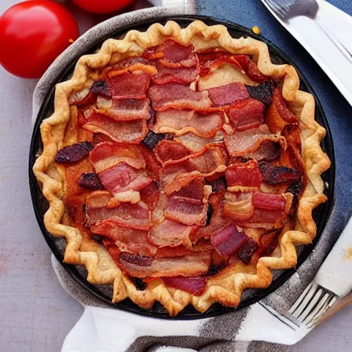 Prompt: a photo of a delicious pie, with sizzling sausage and bacon on top, and a tempting tomato in the middle