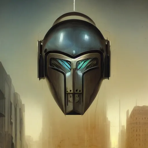 Image similar to dreary realism portrait of masked cyber punk helmet on the art deco streets of the big city, artstation, award - winning realistic sci - fi concept art by jim burns and greg rutkowski, beksinski, a realism masterpiece, muted color palette, james gilleard, bruegel, alphonse mucha, and yoshitaka amano