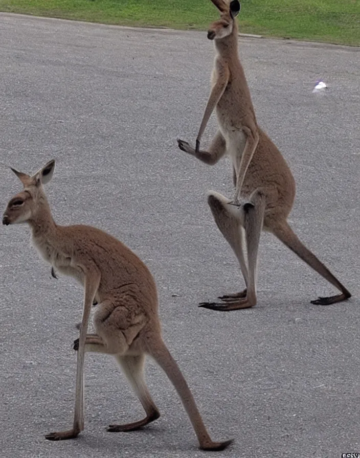 Prompt: kangaroo caught throwing gang sign, viral photo, viral on twitter, bad quality, phone photo, leaked photo, paparazzi photo, realistic, 720p
