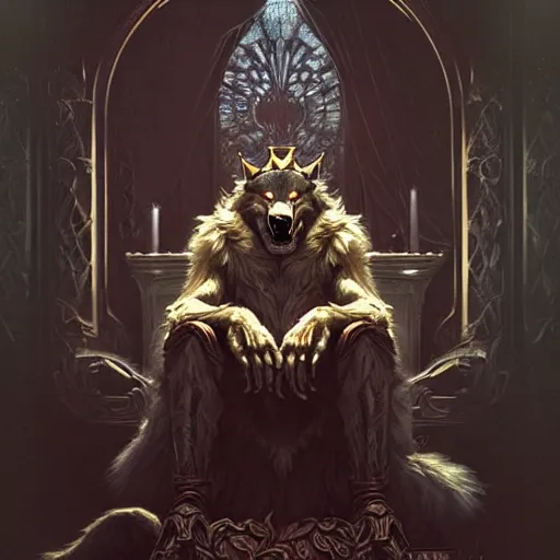 Image similar to a werewolf king in your throne room, intricate, elegant, highly detailed, digital painting, artstation, concept art, smooth, sharp focus, illustration, thriller atmosphere, art by artgerm and greg rutkowski and alphonse mucha
