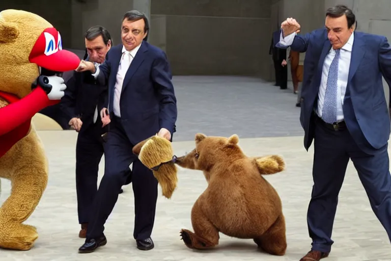 Prompt: sword fight between Mario Draghi and Masha and the Bear