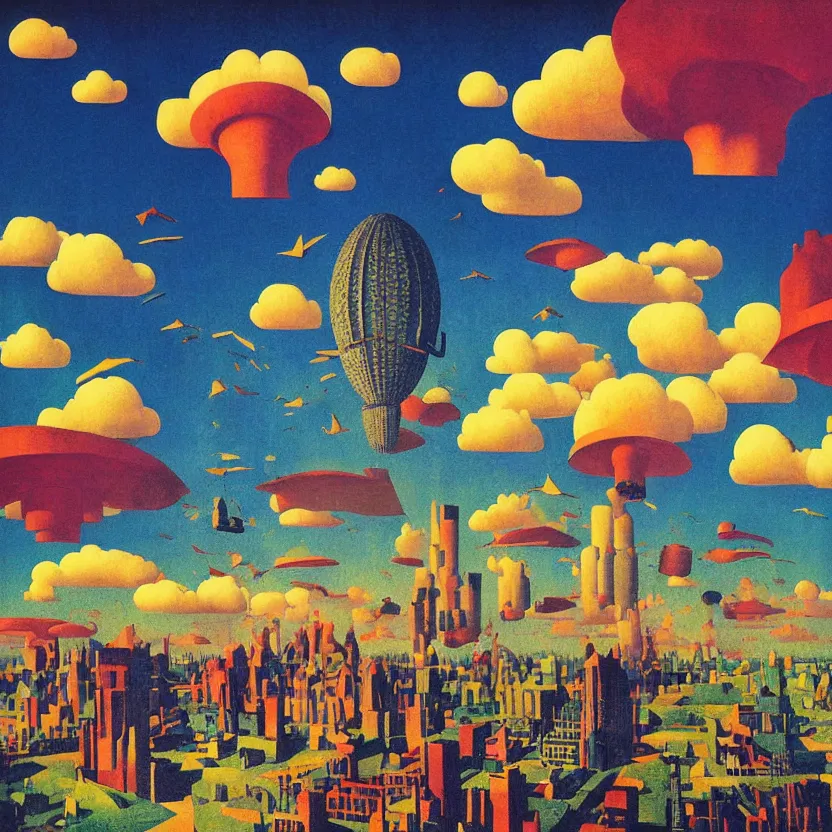 Image similar to surreal glimpse into other universe, mahanakorn tower with airship floating sky, summer morning, very coherent and colorful high contrast, art by! rene magritte! paul klee geof darrow, volumetric lighting, cinematic, floralpunk screen printing woodblock, dark shadows, hard lighting, stipple brush