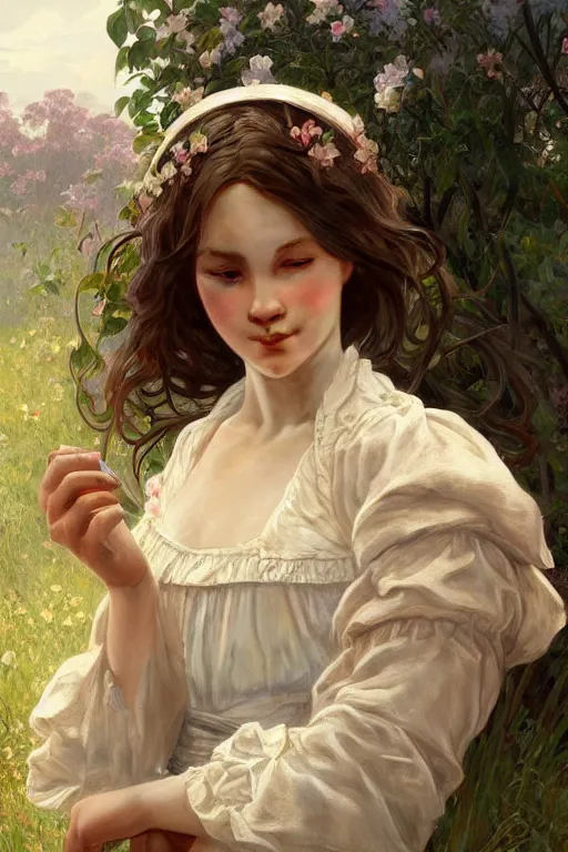 Image similar to beautiful cottagecore young peasant maiden, innocent, intricate, elegant, highly detailed, digital painting, artstation, concept art, smooth, sharp focus, illustration, art by artgerm and greg rutkowski and alphonse mucha