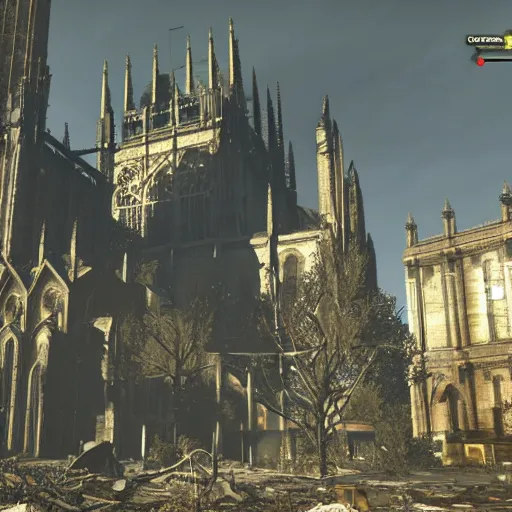 Prompt: Aachen Cathedral in ruins post-nuclear war in Fallout 4, in game screenshot