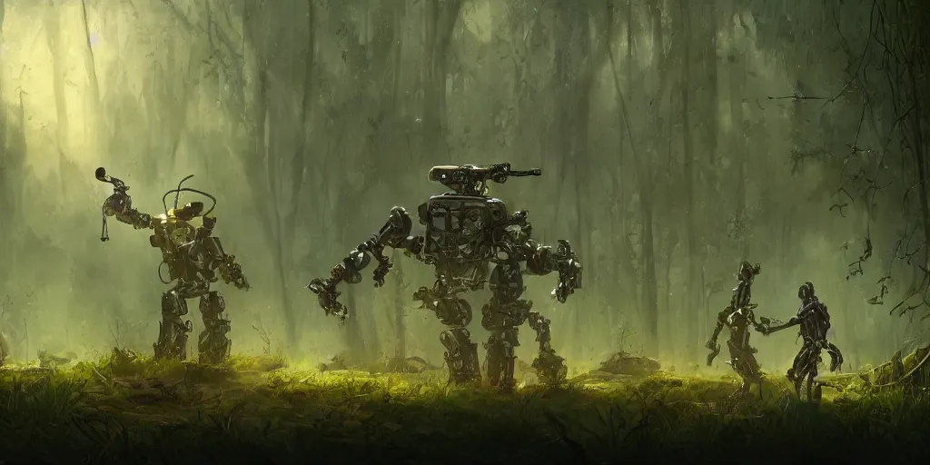 Prompt: guerrillas reed - people fighting robot in futuristic spiritual mystical post apocalyptic swampy forest drawn by ron gilbert, dim painterly volumetric aquatic lighting, scenic, beautiful, crisp, artstation, highly detailed