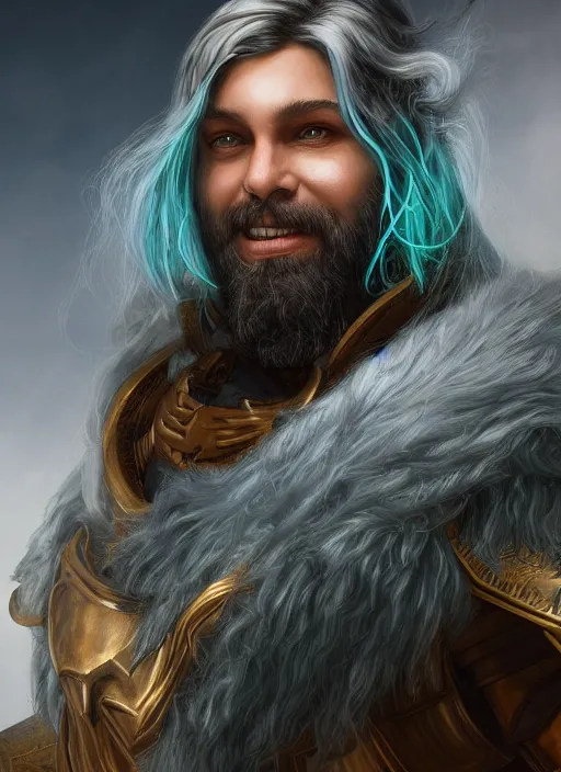 Image similar to an epic fantastic realism comic book style portrait painting of an aasimar paladin, male, shaggy silver hair, short brown beard, d & d concept art, unreal 5, daz, teal aesthetic, octane render, cosplay, rpg portrait, dynamic lighting