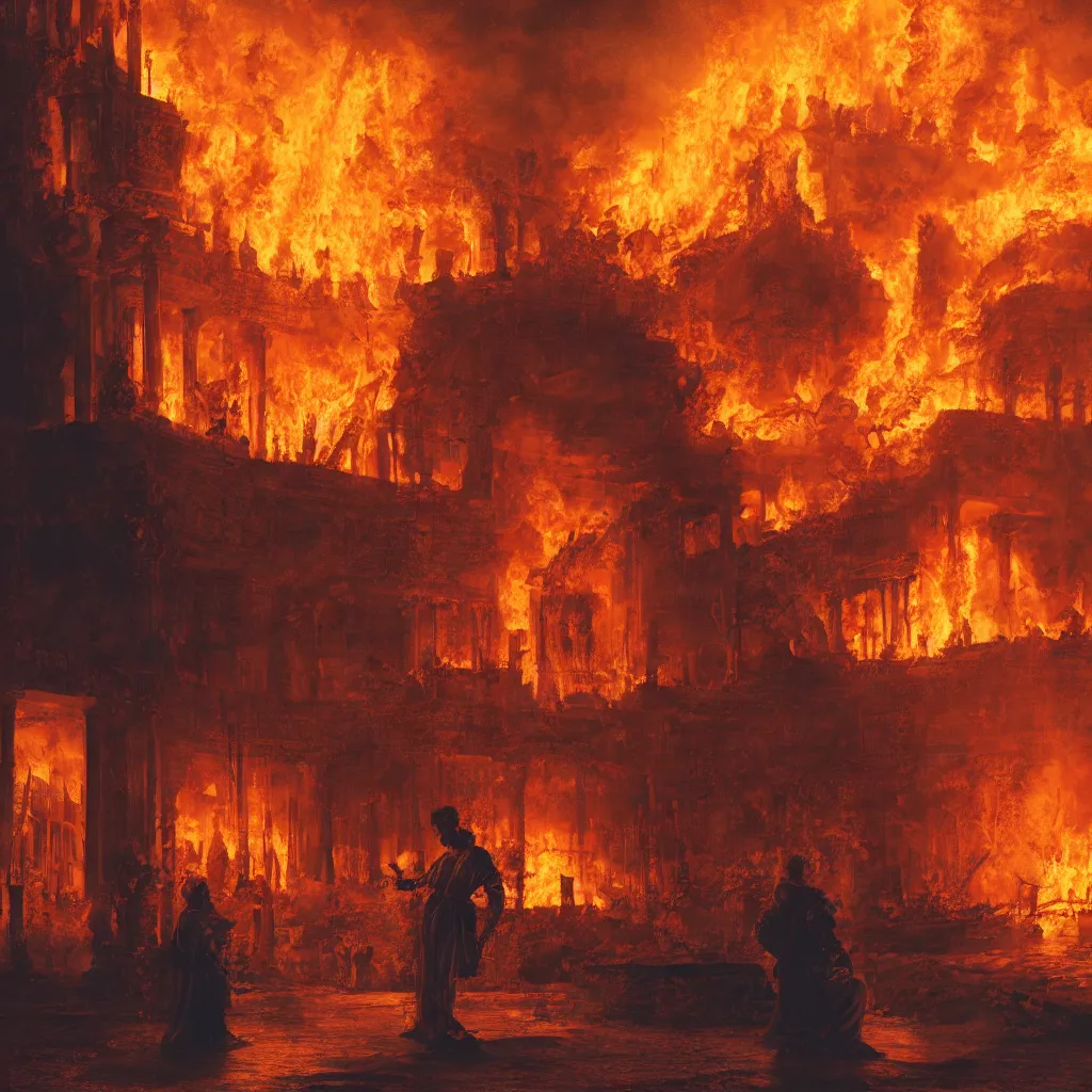 Image similar to painting of emperor nero watching the the great fire of rome, abstract, realism, 8 k, detailed, terror, octane render, complex emotion, glow, orange, beautiful, cinematic