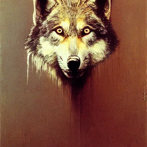 Prompt: portrait painting of (wolf) ((girl)) by Beksinski
