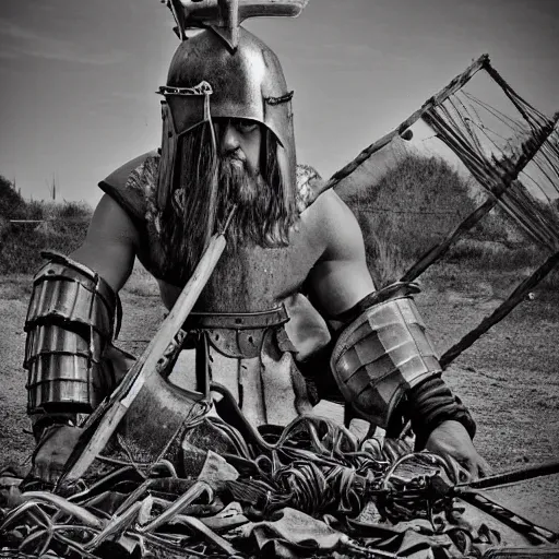 Image similar to wise angle photo of viking in armor working on the mechanical ancient device, tools and junk on the ground,wires and lights, old village in the distance, vintage old photo, black and white, sepia