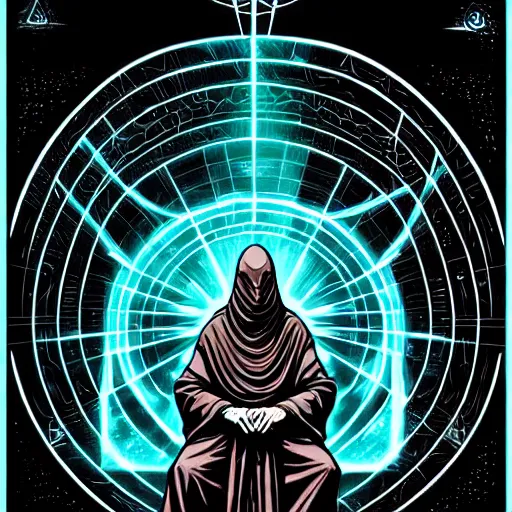 Prompt: cloaked ancient alchemist wizard casting a spell, high details, lineart, by vincent di fate, inking, 3 color screen print, masterpiece, trending on artstation, sharp, high contrast, hyper - detailed, hd, 4 k, 8 k