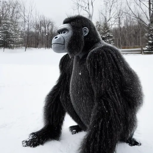 Prompt: A photo of Walter White in New Hampshire wearing a gorilla suit in the snow, cinematic lighting