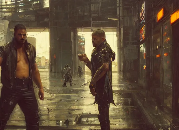 Image similar to cyberpunk pro wrestling match ( blade runner 2 0 4 9, dystopian, cyberpunk 2 0 7 7 character design ). orientalist portrait by john william waterhouse and james gurney and theodore ralli and nasreddine dinet, oil on canvas. cinematic, hyper realism, realistic proportions, dramatic lighting, high detail 4 k