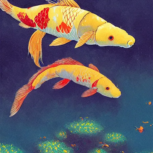 Image similar to giant koi carper in a magical underwater world, little boy sitting on his back oil painting victo ngai