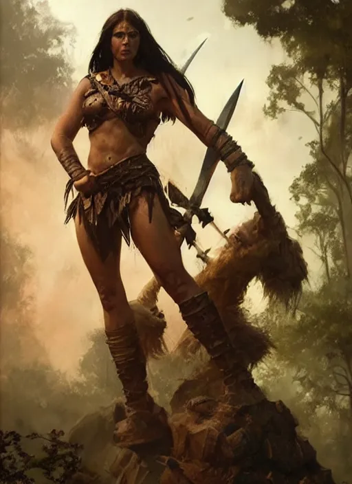 Image similar to hyper realistic photography of prehistoric barbarian paladin girl, full body, rule of thirds, conceptart, saturated colors, cinematic, vallejo, frazetta, greg rutkowski, royo, rowena morrill, juan gimenez