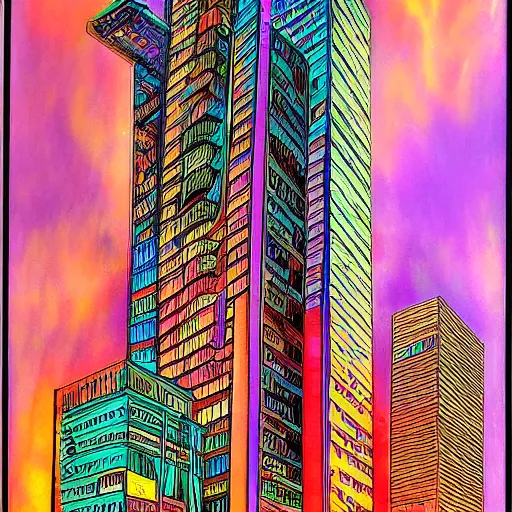 Prompt: surreal colorful nightmarish downtown skyscraper, artwork by Ralph Bakshi