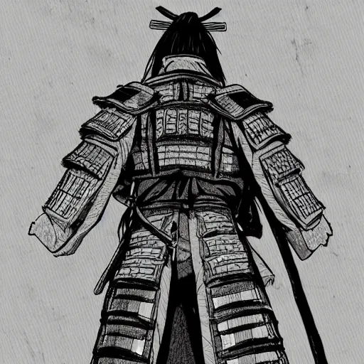 Prompt: A FULL BODY PORTRAIT FROM BEHIND OF A SAMURAI FROM MANGA VAGABOND ,detailed, concept art, ink style , sketch