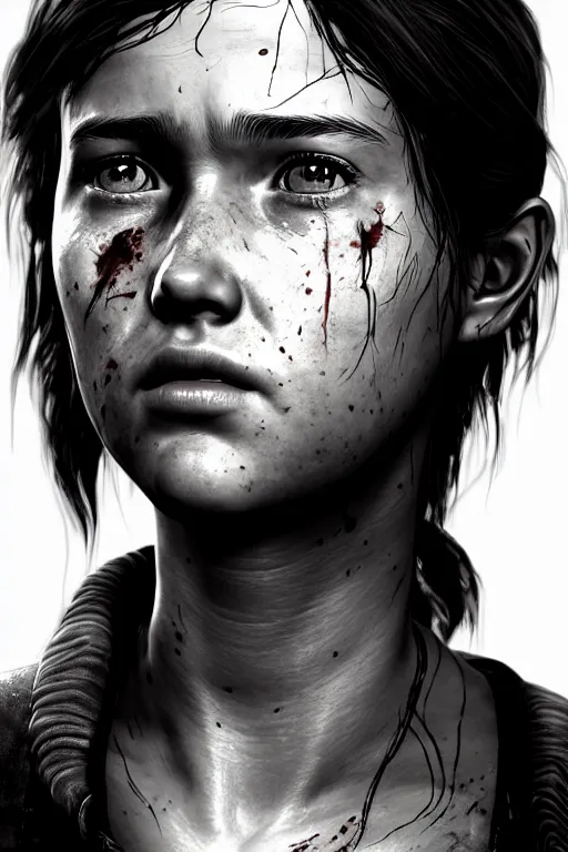 Image similar to ultra detailed facial portrait of ellie from the last of us part 2, digital art, character portrait, perfectly symmetrical face, highly detailed, trending on artstation, cinematic lightning, sharp focus, perfect face, pretty face, fine - face, illustration, 8 k, ultra texture, artgerm