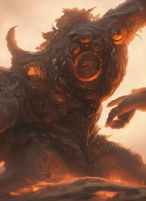 Prompt: a highly detailed illustration of worn down colossal bronze giant, with big orange glowing eyes, gentle calm doting pose, intricate, elegant, highly detailed, centered, digital painting, artstation, concept art, smooth, sharp focus, league of legends concept art, WLOP