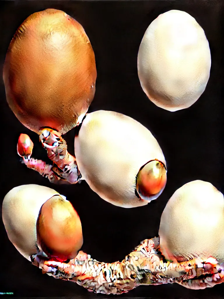 Image similar to a perfect hyperrealist painting of an egg, and a human hatching out. the human has eight arms and each finger is as long as the whole egg. broken eggshell shrapnel is causing some trauma.