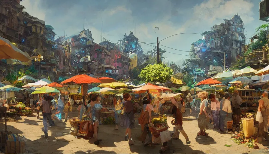 Image similar to craig mullins and ghibli digital illustration of solarpunk farmers market, festival, colorful, unreal engine, hyper realism, realistic shading, cinematic composition, realistic render, octane render, detailed textures, photorealistic, wide shot