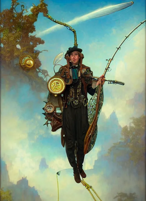 Image similar to hyper realistic fisherman, birds eye view, magical, gems, jewels, gold, steampunk, cyberpunk utopia, painted by tom bagshaw, mucha, gaston bussiere, craig mullins, j. c. leyendecker 8 k