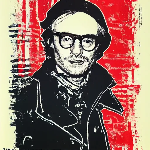 Prompt: yannic kilcher silk screen portrait by andy warhol, butcher billy style