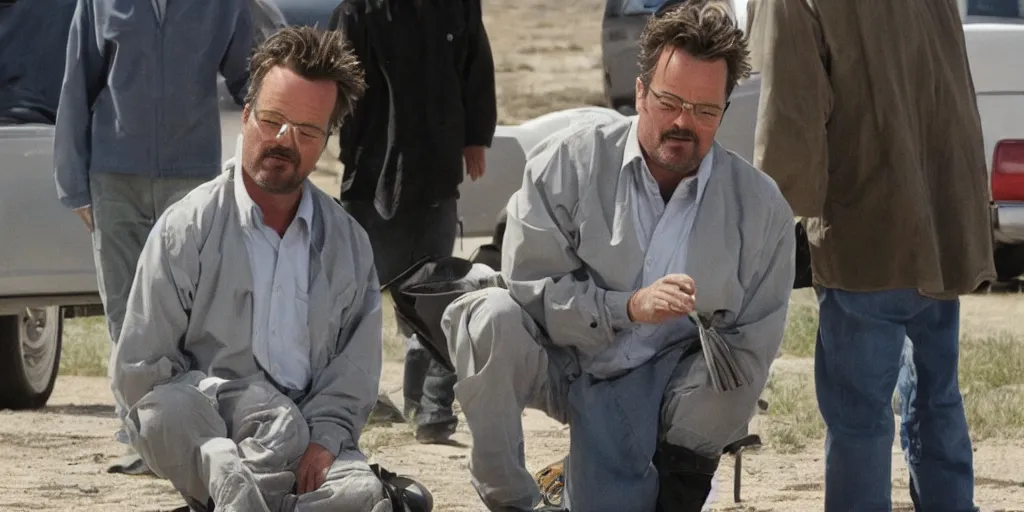 Image similar to Matthew Perry in the role of Walter White on on the set of Breaking Bad, 90mm