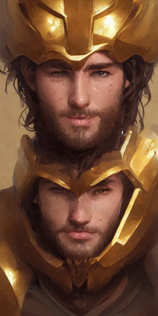 Prompt: candid portrait of handsome crying young man face, brown wavy hair, piercing brown eyes, wearing golden armor, portrait, by artgerm, by greg rutkowski, by noah bradley, digital avedon