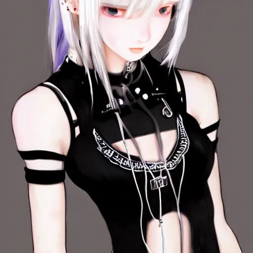 Image similar to realistic detailed semirealism beautiful gorgeous cute Blackpink Lalisa Manoban white hair white cat ears blue eyes, wearing black camisole maid outfit, headphones, black leather choker full HD 4K high resolution quality WLOP, Aztodio, Taejune Kim, Guweiz, Pixiv, Instagram, Artstation