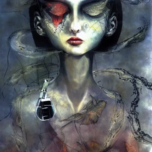 Image similar to she dreams a past she hasn't lived, she holds the key to the gate to reality outside this virtual world, oil on canvas by dave mckean and yoshitaka amano