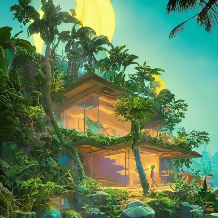 Image similar to a luminescent tropical cottage by paolo eleuteri serpieri and tomer hanuka and chesley bonestell and daniel merriam and tomokazu matsuyama, unreal engine, high resolution render, featured on artstation, octane, 8 k, highly intricate details, vivid colors, vector illustration