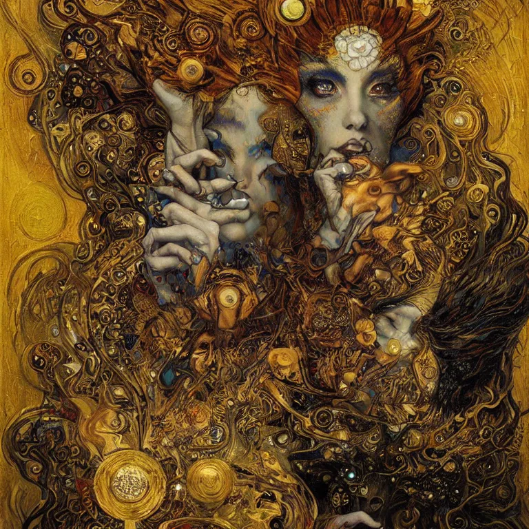 Image similar to Divine Chaos Engine by Karol Bak, Jean Deville, Gustav Klimt, and Vincent Van Gogh, beautiful visionary mystical portrait, sacred, otherworldly, fractal structures, Surreality, ornate gilded medieval icon, third eye, spirals