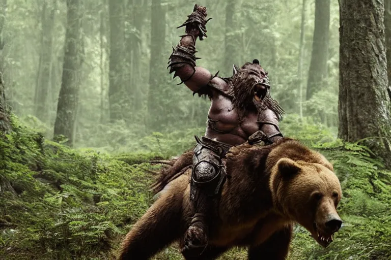 Prompt: vfx movie closeup detailed ancient armored warrior orc hunting riding large bear in the forest, natural lighting by emmanuel lubezki