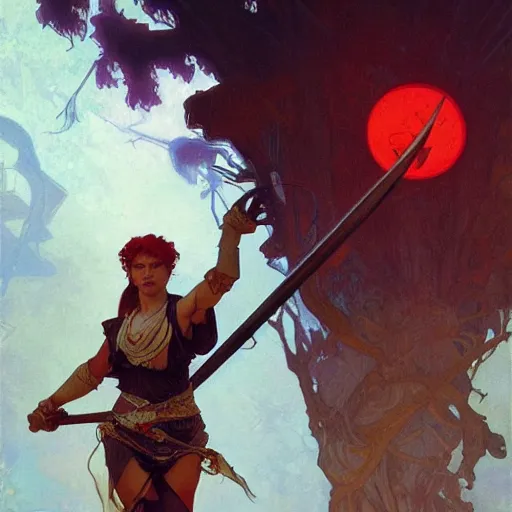 Prompt: Warrior wielding a greataxe under a red moon, digital art, art by Alphonse Mucha, Greg Rutkowski, Alex Ross, Artstation, 8K