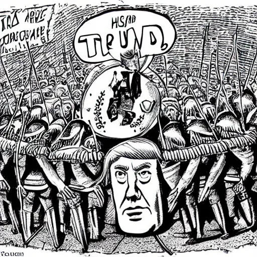 Image similar to political cartoon of trump hiding behind a shield made of hundreds of people who are getting pierced by arrows ( bloody )