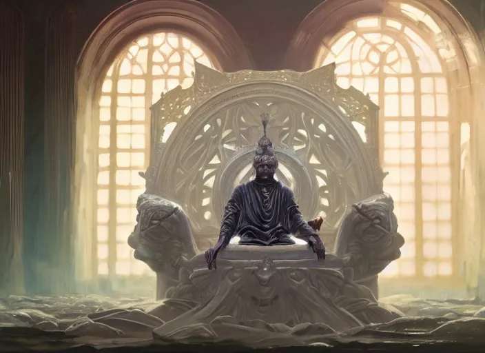 Image similar to wide view picture of a lord of materialization sitting on the throne, centred focus, lighting eyes, magic and fantasy, floating white cubes, highly detailed face, specular reflection, occlusion shadow, intricate, masterpiece, by ilya kuvshinov and jeremy lipking and quentin mabille