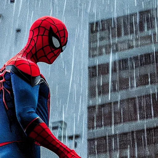 Image similar to spider - man perched next to batman on top of a building with rain pouring down