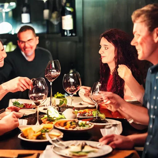 Prompt: 4 men and 4 women having dinner, classy dining, wine, steak, realistic