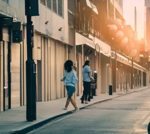 Image similar to photo of an average los angeles street, cinematic color grading, various poses, soft light, faded colors, well framed, sharp focus, 8 k