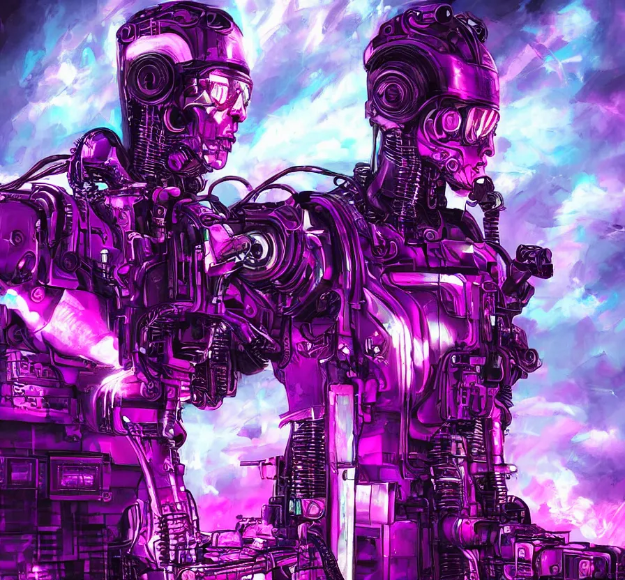 Prompt: cyberpunk retrowave terminator with purple lightning lines, acrilic paint, brush paint, heavenly atmosphere, paint, ultra detailed, beautiful image, resolution, artstation