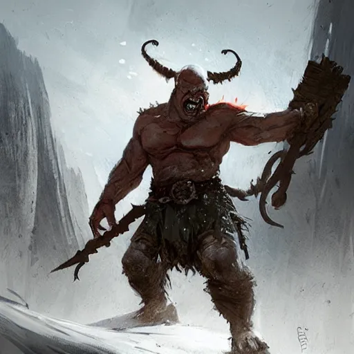 Image similar to an orc, an elf, a troll and a warrior fighting eachother, greg rutkowski