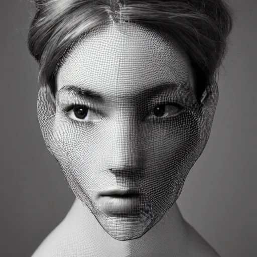 Image similar to portrait of a human with a dignified, symmetrical and beautiful face made out of mesh, taken with medium format mamiya camera 1/8f