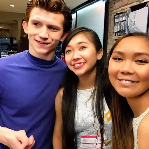 Image similar to Tom Holland talking with a Filipina college girl