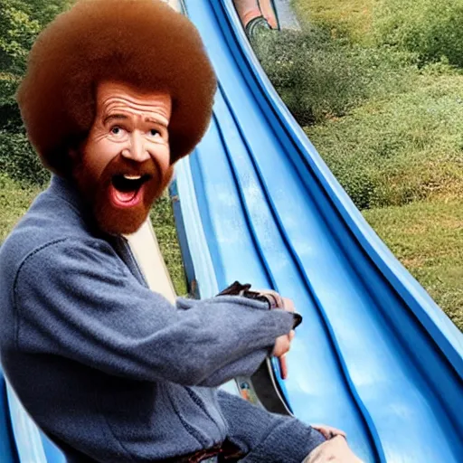 Image similar to bob ross screaming while going down a giant slide