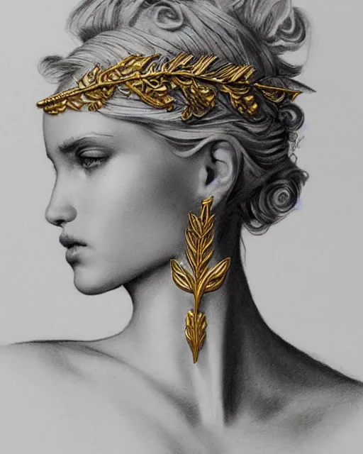 Image similar to tattoo design sketch of cute blonde super model as aphrodite greek goddess wearing a gold laurel wreath and triangle earrings, beautiful piercing gaze with sharp pupils, in the style of greg rutkowski, fantasy, amazing detail, epic, elegant, smooth, sharp focus, front view