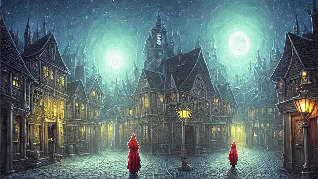 Prompt: lady dressed in long hooded cloak walks in empty lovecraftian town square surrounded by houses and inns.. cthulhu statue.. lovecraftian city at night by cyril rolando and naomi okubo and dan mumford and ricardo bofill.. lovecraft.. cobbled streets.. oil lamp posts.. lovecraftian.. starry night swirly sky.