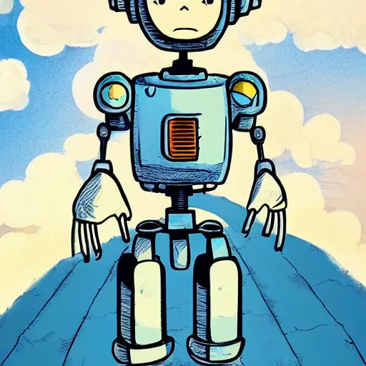 Image similar to A cute cartoon looking robot girl (or guy; your choice), standing and looking up at the sky. Illustration done in parody of works by Hayao Miyazaki.