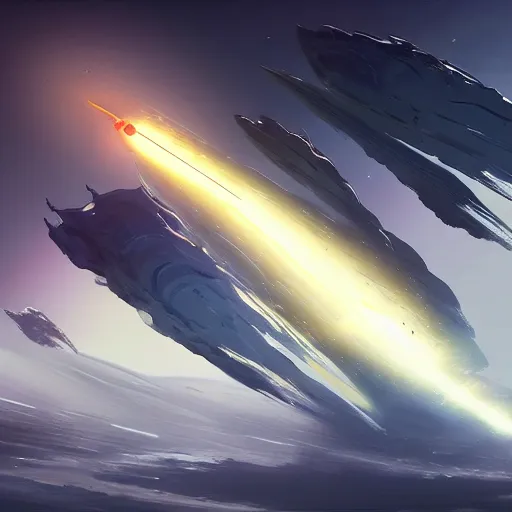 Image similar to concept art of a large space vessel in the shape of an spear flying through the space, scifi, beautiful ilumination, artstation hq